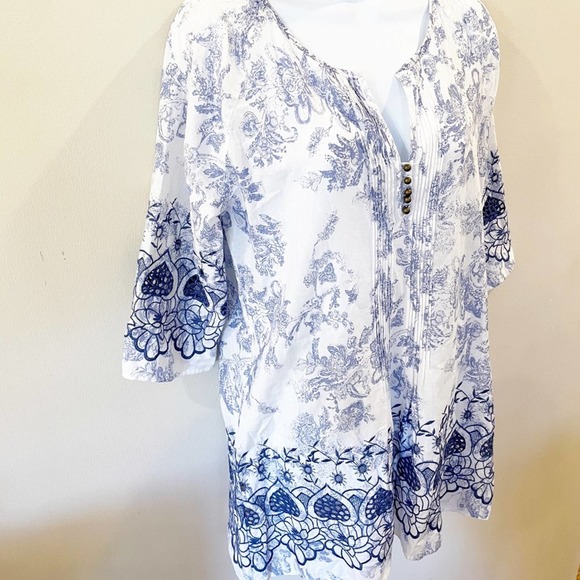 Soft Surroundings White & Blue Print Tunic Top S - Picture 2 of 11